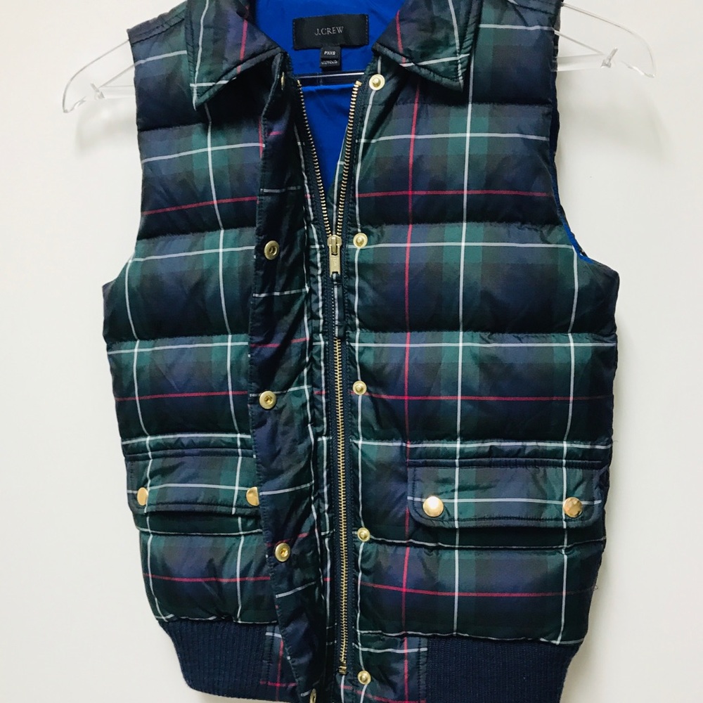 J. CREW BLACK LABEL VEST TARTAN PLAID SIZE XXS POCKETS ZIP UP PUFFER GRE…